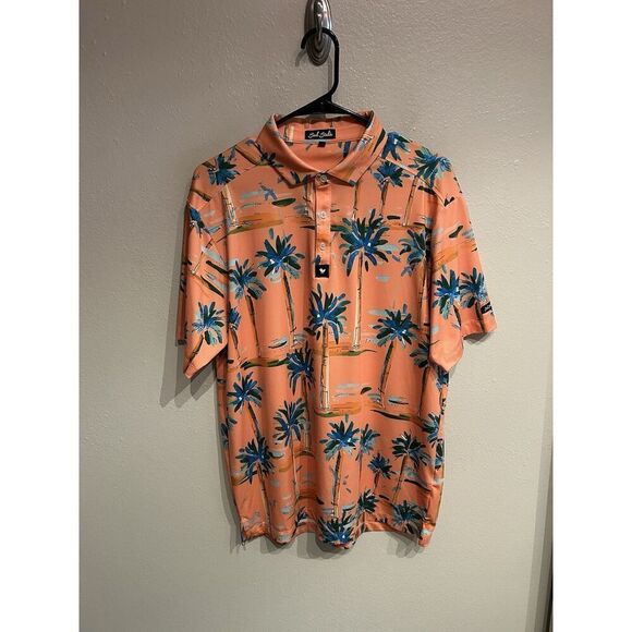 Bad Birdie Mens Large Orange Tropical Palm Tree Polo Shirt - Picture 1 of 9